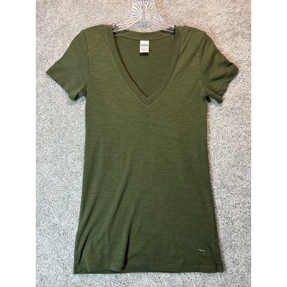 PINK Victoria's Secret Womens XS Olive Green V-Neck‎ Slub Knit T-Shirt Sleepwear